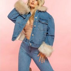 Features An Open Front, Collard Neck, Buttoned, Flap Pockets, Faux Fur Trims, Inner Soft Fur Lining, Oversized Fit, And Washed Denim. 80% Cotton 20% Polyester Winter Denim Jacket With Faux Fur Lining, Denim Jacket With Faux Fur Lining, Light Blue Blazers, Fur Trim Denim Jacket, Denim Jacket Fur Collar, Elbow Patch Blazer, Levi’s Fur Jacket, Nike Track Jacket, Winter Coat Dress