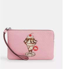 Nwt Coach Corner Zip Wristlet With Sundae Graphic Details Measurements Length: 6.25" Height: 4.0" Width: 0.5" Materials Refined Pebble Leather Fabric Lining Strap Wrist Strap Attached Features Two Credit Card Slots Zip-Top Closure Trendy Coach Clutch Wristlet, Trendy Coach Clutch With Removable Pouch, Madison Brown, Bonnie Cashin, Coach Clutch, Pink Wristlet, Pink Sparkly, Bags Coach, Coach Wallet