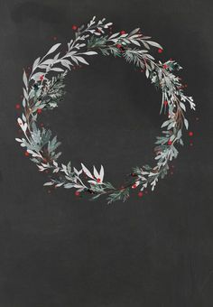 a wreath with red berries and green leaves on a chalkboard background that is drawn in the shape of a circle