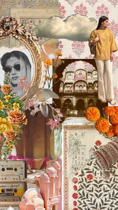 a collage of images with flowers and pictures on them, including a woman standing in front of a mirror