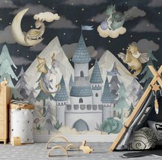 a child's room with a castle wall mural and toys in the foreground