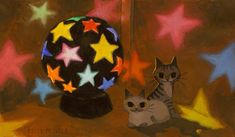 a painting of two cats sitting next to each other in front of stars on the ground