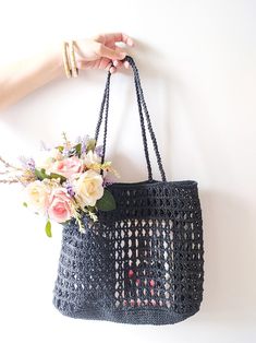 Black Crochet Summer Shopping Bag, Black Summer Crochet Shopping Bag, Summer Black Crochet Bag For Shopping, Black Crochet Bag For Summer Shopping, Bohemian Crochet Bag For Beach Shopping, Eco-friendly Black Bucket Bag For Shopping, Handmade Black Bohemian Bags, Black Rectangular Bucket Bag For Beach Season, Rectangular Black Bucket Bag For Beach Season