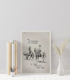 a drawing of two people riding horses next to some books