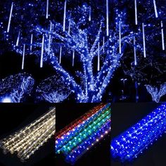 several different types of lights on trees and in the dark, with rain falling from them