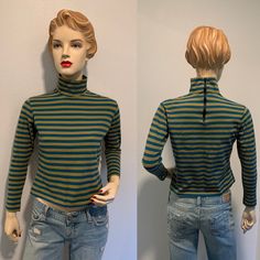 Early 1970's Vintage Shirt ~ Olive Green And Blue Striped Shirt, Nylon, Long Sleeves, Zips Up The Back, Very Good Condition, Size Small It has a tiny mend under one arm,  where the thread came undone.  it was mended now it's great. .   I will be mailing this Priority Mail.   Measurements  Bust ~ 36  Inch  Waist ~ 34 Inch Shoulder To Shoulder ~ 15 Inch Sleeve ~ 18 Inch Length ~  20 Inch Retro Stretch Long Sleeve Tops, Retro Blue Tops For Fall, Blue Retro Tops For Fall, Blue Retro Fall Tops, Retro Stretch Top For Fall, 1970s Fitted Long Sleeve Tops, Olive Green And Blue, Funky Monkey, Blue Striped Shirt