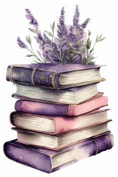 a stack of books with flowers on top