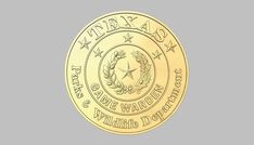 a gold coin with the seal and stars on it's side, in front of a gray background