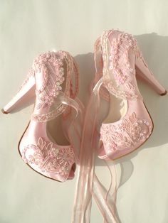 "Baby pink lace embellished wedding shoes for bride and bridesmaids, custom heel heights available. Feel yourself like a princess in these pink wedding heels! Fairy tale weddings or elegant receptions, these shoes compliment your wedding dress beautifully. Custom wedding gift, pink bridesmaids shoes, personalized engagement gift. Light pink satin bridal shoes are designed with embroidered lace. Pink beads and sequins are used on the embroidery and organza ribbons tie on the front. They are made Embellished Wedding Shoes, Custom Heels, Pink Wedding Shoes, Dr Shoes, Wedding Shoes Lace, Kawaii Shoes, Fashion Goals, Fancy Shoes, Womens Wedding Shoes