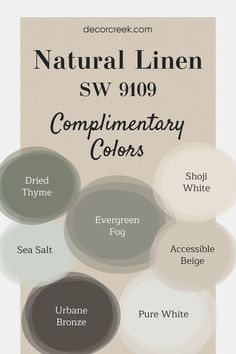 The image shows Natural Linen SW 9109 by Sherwin Williams paired with complementary colors. Natural Linen offers a soft, grounded base, with Dried Thyme and Sea Salt introducing subtle green tones. Evergreen Fog adds depth, Urbane Bronze provides a bold accent, and Pure White and Shoji White offer bright, clean contrast, while Accessible Beige balances the palette for a cohesive and fresh look. Sea Salt Evergreen Fog, Coordinating Colors Accessible Beige, Evergreen Fog Sherwin Williams Kitchen Walls, Evergreen Fog Color Pallet, Sherwin Williams Weathered Shingle, Hgtv Home By Sherwin Williams Paint, Cottage House Color Schemes, Oyster Bay Bedroom Sherwin Williams, Urban Bronze And Evergreen Fog