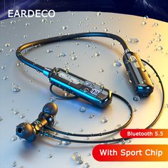 bluetooth 5 5 earphones with sport chip are on display in front of water droplets