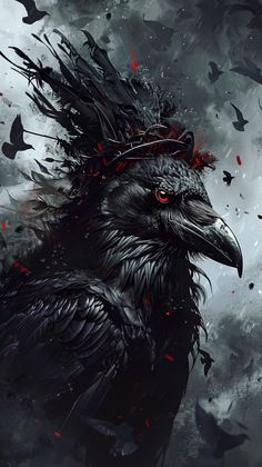 a black bird with red eyes surrounded by birds flying in the sky and dark clouds