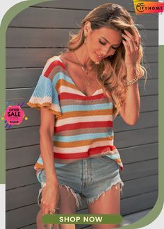 Multi-color Striped Ruffle Short Sleeve Knit Top Chic Multicolor Sweater, Chic Multicolor Summer Sweater, Casual Multicolor Textured Knit Top, Multicolor Knit V-neck Top, Chic Summer Sweater With Ruffles, Multicolor V-neck Knit Top, Chic Knit Top With Color Block, Multicolor Ribbed Knit Tops, Multicolor V-neck Knit Top For Summer