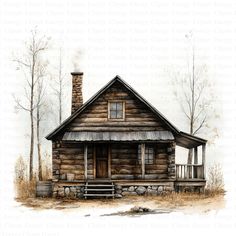 a drawing of a log cabin with a porch and steps leading to the front door