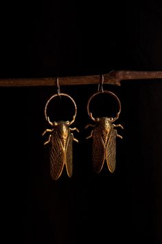 Large, life size, solid (not plated) raw brass cicadas hang from a hand hammered pure copper rings on solid sterling silver ear hooks. These wonderfully detailed cicada earrings have a realistic look in an antique style. These earrings are a good size, but very light weight.  I added a patina to enhance the antique feel and highlight the texture. I offer these earrings with a standard piercing solid sterling silver hook or a hand hammered solid sterling hoop hook for stretched ears. See last photo for comparison. Please choose your earrings hook style from the drop down menu. Regular piercing hook earring length: 3 inches long including the ear wire weight: .22oz or 6.1g Stretched piercing hoop hook earring length: 3 3/4 inches long including the ear wire weight: .24oz or 6.9g ✦ C A R E - Cool Ear Rings, Crochet Cicada, Cicada Jewelry, Cicada Earrings, Insect Earrings, New Ear Piercing, Earrings Bold, Natural Earrings, Hand Earrings