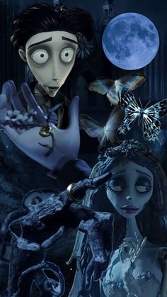 an animated image of a man and woman with butterflies on their head, in front of a full moon