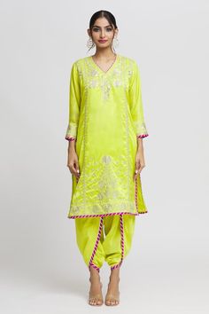 Lime green kurta with thread, gota embroidery in floral pattern. Paired with dhoti pant and dupatta. - Aza Fashions Green Tissue Silk Salwar Kameez With Cutdana, Green Palazzo Set With Dori Work For Navratri, Green Art Silk Palazzo Set With Zari Work, Green Silk Churidar For Navratri, Green Silk Churidar For Diwali, Designer Pista Green Kurta With Dori Work, Green Slub Silk Palazzo Set With Zari Work, Green Salwar Kameez With Cutdana In Tissue Silk, Green Dola Silk Kurta With Dupatta