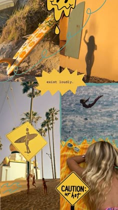 a collage of images with people and surfboards in them, including a woman standing on the beach