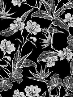 a black and white floral pattern with flowers