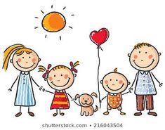 a family with two children holding hands and a heart shaped balloon in the sky above them