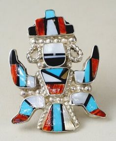 Item #938H- XLG Zuni Multi Stone Inlay Knifewing Deity Sterling Silver Ring sz 8 3/4 Multicolor Collectible Ring Jewelry, Vintage Turquoise Jewelry, Authentic Turquoise Jewelry, Inlay Jewelry, Eagle Rock, Colored Stone Rings, Zuni Jewelry, Yellow Pearl, Turquoise Print