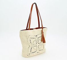 With leather trim and a gorgeous butterfly pattern, this crochet tote makes a stunning sidekick. From Patricia Nash. Spring Tote Bag With Leather Trim, Spring Travel Bag With Leather Trim, Chic Spring Crochet Bag With Leather Handles, Chic Crochet Bag With Leather Handles For Spring, Spring Travel Crochet Bag With Leather Handles, Cream Crochet Shopping Bag For Spring, Cream Crochet Bag For Spring Shopping, Elegant Spring Crochet Travel Bag, Spring Crochet Bag With Leather Handles For Shopping