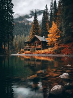 a cabin on the shore of a lake surrounded by trees