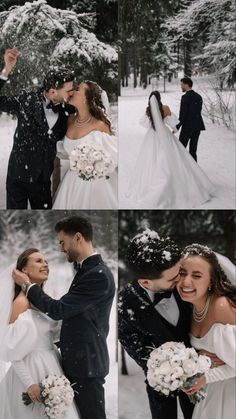 the bride and groom are posing for pictures in the snowy woods, with snow falling all around them