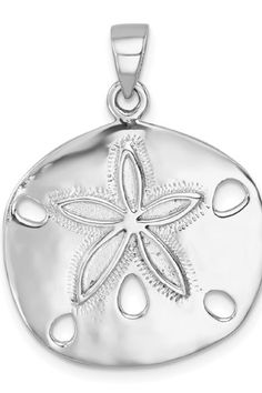 Discover the beauty of the beach with our Sterling Silver Rhodium-Plated Polished Sand Dollar Pendant. This elegant piece captures the essence of coastal charm, blending the intricate details of a sand dollar with the timeless allure of sterling silver.Crafted with precision and a polished finish, the sand dollar pendant showcases the delicate markings and texture reminiscent of treasures found along the shoreline. The rhodium plating enhances the pendant's shine while providing durability, ensu Sterling Silver Pendant Necklace For Beach, Elegant Adjustable Jewelry For Beach Season, Sterling Silver Pendant Jewelry For Beach, Elegant Silver Necklace For Beach, Ocean-inspired Sterling Silver Beach Jewelry, Elegant Starfish Charm Necklace For Beach, Elegant Starfish Charm Jewelry For Vacation, Elegant Summer Jewelry With Starfish Charm, Elegant Silver Starfish Jewelry