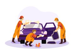 two men in orange work on a purple car