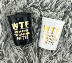 WTF Who's Turning Fifty Cups, great for a 50th Birthday. We offer these cups in black or white with the gold metallic font.  You can choose your color in the drop down.  If you choose mixed you will receive half white and half black. We have matching balloons and napkins in our shop. 16oz Stadium Cups Cups are sold in sets of 10 BPA Free.  Dishwasher safe top rack These cups are not customizable. 50th Birthday Cups, Metallic Font, Birthday Party Cups, 50th Birthday Decorations, 50th Bday, Stadium Cups, Dirty 30, Birthday Cup, 50th Birthday Party