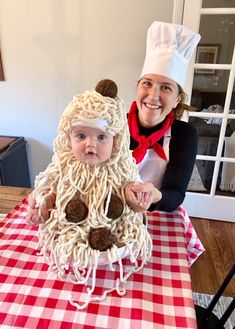 a woman and her child are dressed up as ramen noodles