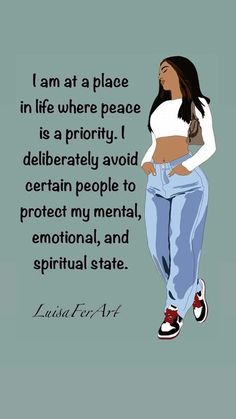 a woman standing with her hands on her hips and the words i am at place in life where peace is a priority