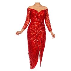 1980S VICKY TIEL Red Sequin Beaded Metallic Lace Strapless Cocktail Dress With Slit Strapless Cocktail Dress, Victorian Lace, 1980s Dresses, Lace Strapless, Metal Lace, Red Sequin, Sequin Beading, Fashion History, Rarity