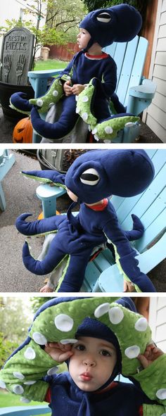 two pictures of a little boy dressed up like an octopus and sitting on a bench