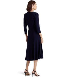 LAUREN Ralph Lauren Jersey-Matte Midi Dress | Zappos.com Elegant Elastane Dress With Surplice Neckline, Elegant Dress With Surplice Neckline In Elastane, 3/4 Sleeve Wrap Dress For Work, Chic Fitted Wrap Dress With 3/4 Sleeve, Fitted Wrap Dress With 3/4 Sleeves, Womens Jersey, Ralph Lauren Womens, Product Reviews, Lauren Ralph Lauren