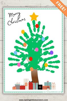 a handprint christmas tree with presents on it