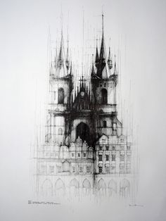 an artistic drawing of a castle in black and white