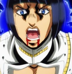 an anime character with blue eyes and black hair is making a face as if to be screaming