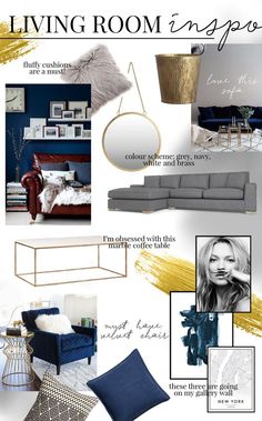 living room mood board with blue, gold and white furniture in the color palettes