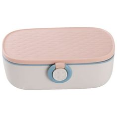 a white and pink lunch box with blue trimmings on the lid, sitting on a