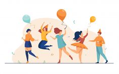 people celebrating with balloons and confetti in the air, flat style illustration on white background