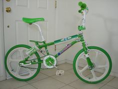 a green and white bike sitting in front of a door