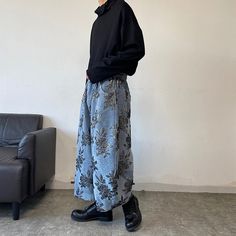 Embroidered Wide Leg Streetwear Pants, Blue Baggy Embroidered Bottoms, Embroidered Wide Leg Pants For Streetwear, Embroidered Relaxed Fit Bottoms For Streetwear, Loose Wide Leg Pants, Suit Shoes, Waist Length, Mens Socks, Skirt Pants