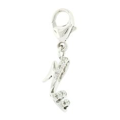 "This cute charm pendant was crafted from solid 14k white gold and features a high heel shoe design accented with fine quality, pave set, round brilliant cut diamonds. These diamonds total approximately 0.15 carats in weight and are very fine quality having near-colorless G/H color and clean SI1/SI2 clarity. The charm dangles from a secure and sturdy lobster claw clasp so you can easily add it to your bracelet or necklace. This gorgeous charm is like new and ready to enjoy upon arrival. --Stone( Elegant White Dangle Charms, Elegant Silver Charms With Dangling Details, Elegant Silver Diamond Charms, Elegant Silver Charms, Elegant White Charms With Lobster Clasp, Elegant White Charms, Elegant Silver Dangle Charms, Elegant Silver Charms With Lobster Clasp, Shoe Dangle