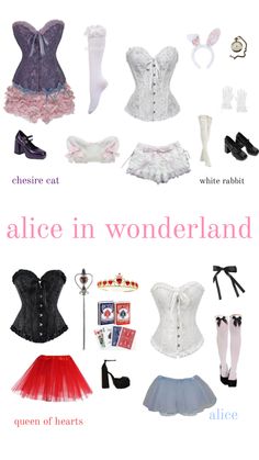 alice in wonderland costumes and accessories are arranged on a white background with the words alice in wonderland written below