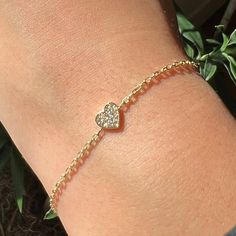 14k Solid Gold Heart Bracelet, Real Gold Dainty Chain Bracelet, Love Bracelet For Her with premium grade D Color (colorless) VS/SI clarity moissanite.  Our chain is a special diamond cut chain with 1.35 mm thickness. It's dainty and sturdy. We're offering the finest quality in solid gold jewelry.  💙 Our jewelry is handcrafted with love and great care at San Francisco Bay! All of our items are 14k stamped for authenticity. 💙 You will receive them exactly as pictured. We don't use any filters, all photos are authentic and unedited. 💙 The material is 14k solid gold and should not be confused with gold plating or filling. It won't tarnish or fade over time. 💙 Quick shipping - Your order will be handcrafted and shipped in a few days. 💙 For the highest quality, pendants are made with castin Gold Love Bracelet, Alexandrite Jewelry, Gold Heart Bracelet, Bracelet For Her, Gold Chain Bracelet, Handmade Fine Jewelry, Solid Gold Chains, Dainty Chain, Love Bracelet