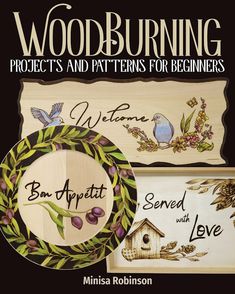 the cover of woodburning projects and patterns for beginners, featuring two plates