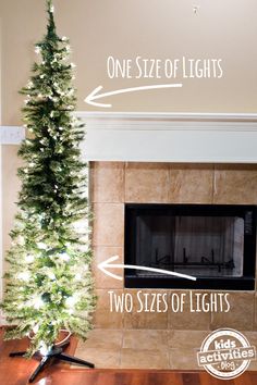 a christmas tree with two sizes of lights and one size of lights in front of the fireplace