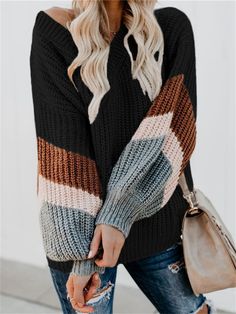 V-neck Lantern Sleeve Striped Patchwork Knit Sweater Pullover Mode, Vogue Knitting, Winter Pullover, Casual Stripes, Garter Stitch, Loose Sweater, Color Block Sweater, Cute Sweaters, Fall Sweaters